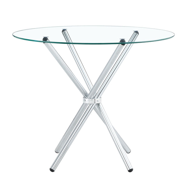 English Elm Round Glass Dining Table with Sculptural Silver Ring Base Seats Four to Six in Style W2827P387803