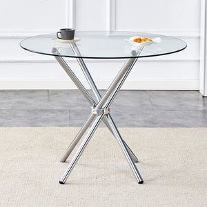 English Elm Round Glass Dining Table with Sculptural Silver Ring Base Seats Four to Six in Style W2827P387803
