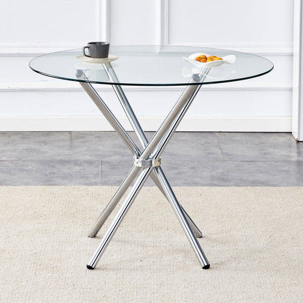 English Elm Round Glass Dining Table with Sculptural Silver Ring Base Seats Four to Six in Style W2827P387803