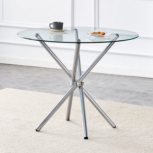 English Elm Round Glass Dining Table with Sculptural Silver Ring Base Seats Four to Six in Style W2827P387803