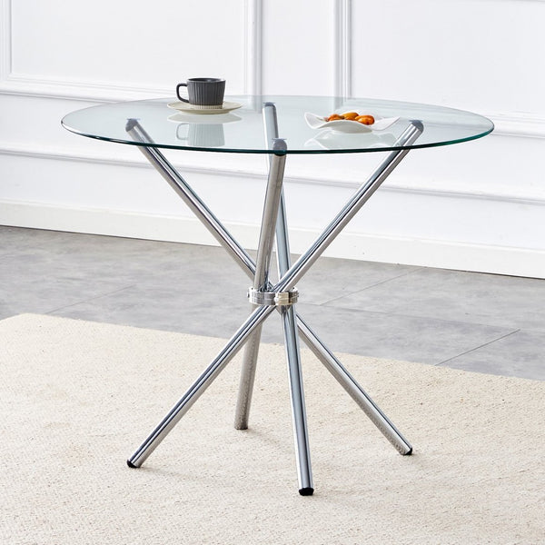 English Elm Round Glass Dining Table with Sculptural Silver Ring Base Seats Four to Six in Style W2827P387803