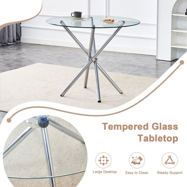 English Elm Round Glass Dining Table with Sculptural Silver Ring Base Seats Four to Six in Style W2827P387803