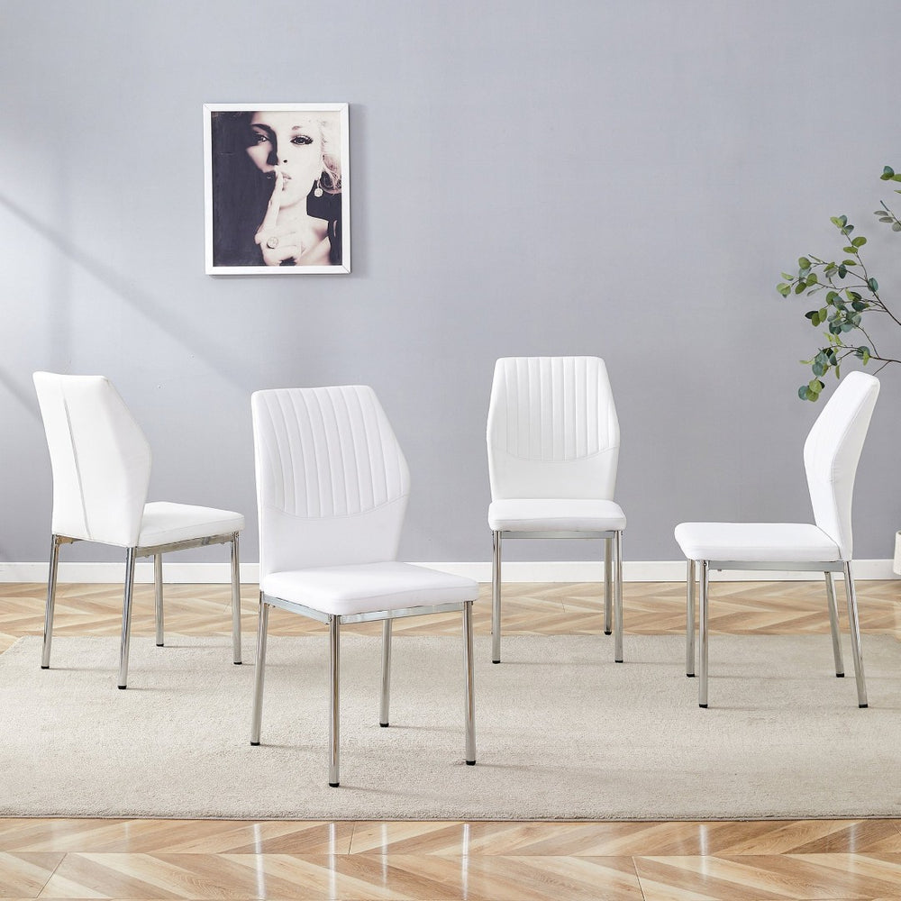 English Elm Luxury Channel Stitched White Pu Dining Chairs Set of 4 with Silver Metal Legs W2827P387804