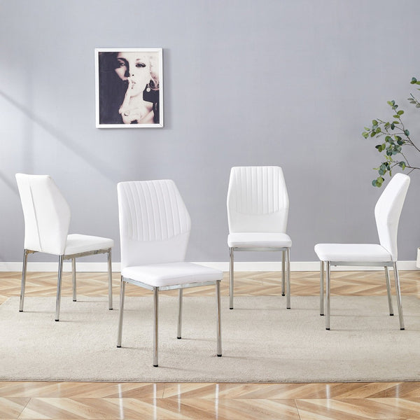 English Elm Luxury Channel Stitched White Pu Dining Chairs Set of 4 with Silver Metal Legs W2827P387804
