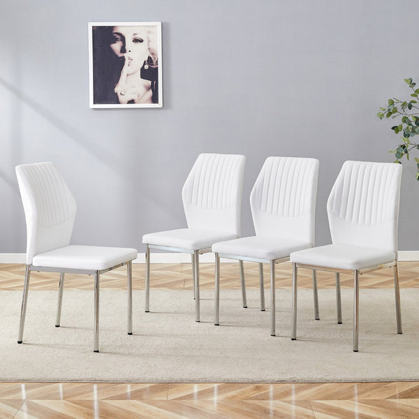 English Elm Luxury Channel Stitched White Pu Dining Chairs Set of 4 with Silver Metal Legs W2827P387804
