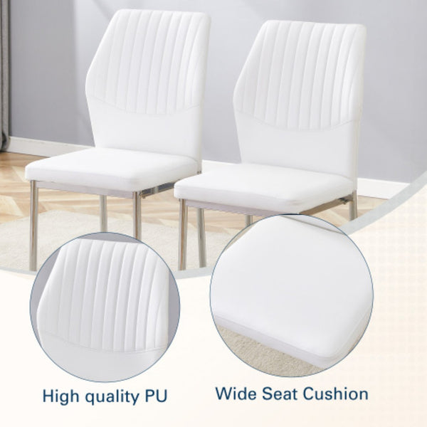 English Elm Luxury Channel Stitched White Pu Dining Chairs Set of 4 with Silver Metal Legs W2827P387804