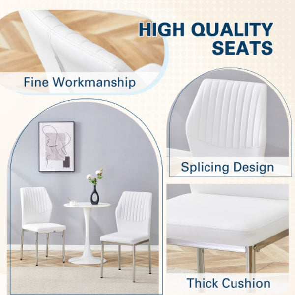 English Elm Luxury Channel Stitched White Pu Dining Chairs Set of 4 with Silver Metal Legs W2827P387804