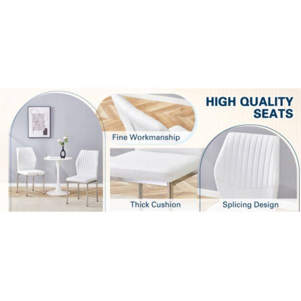 English Elm Luxury Channel Stitched White Pu Dining Chairs Set of 4 with Silver Metal Legs W2827P387804
