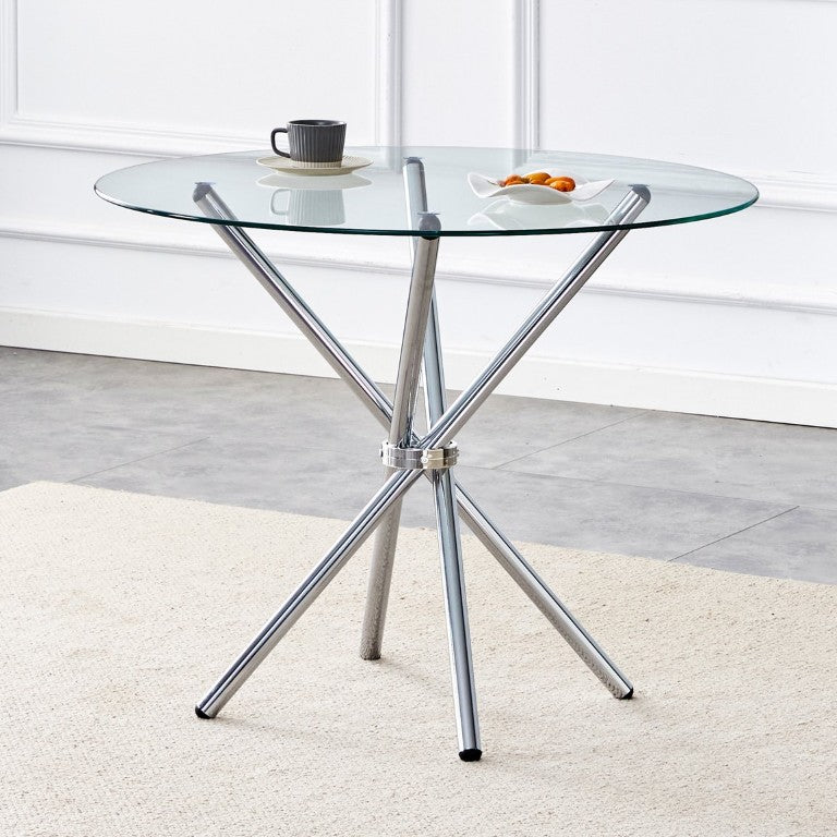 English Elm Round Tempered Glass Dining Table with Sculptural Silver Ring Base Seats Four to Six W2827P417771
