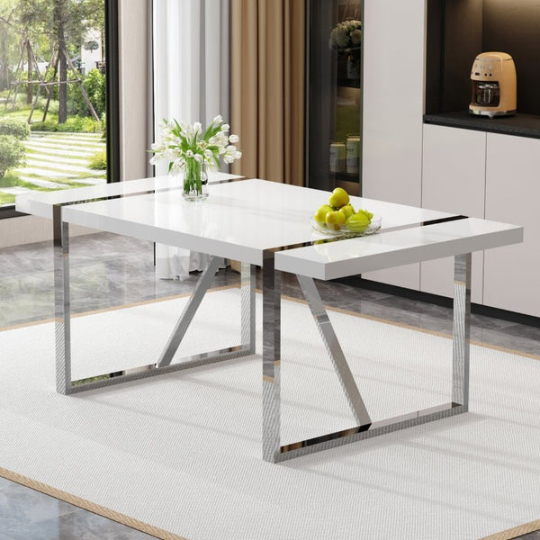 English Elm Industrial Rectangular Dining Table Thick MDF Tabletop Silver Metal Legs Kitchen W2827P421310