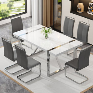 English Elm Industrial Rectangular Dining Table Thick MDF Tabletop Silver Metal Legs Kitchen W2827P421310