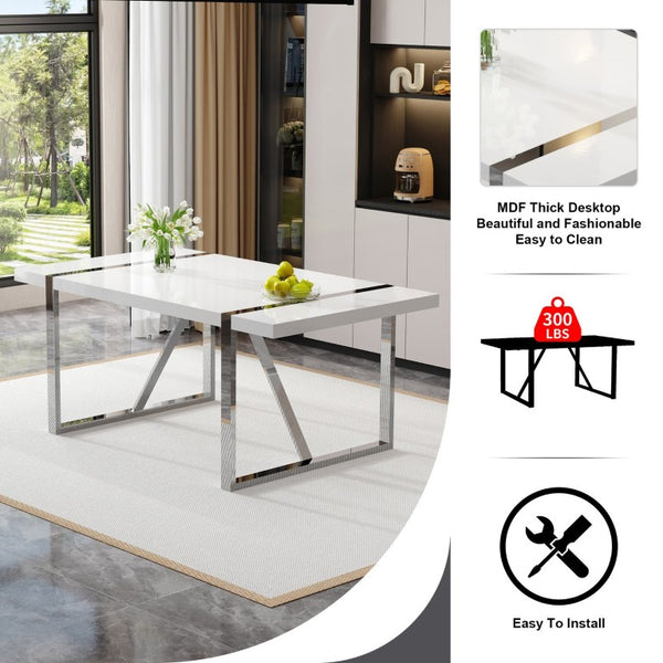 English Elm Industrial Rectangular Dining Table Thick MDF Tabletop Silver Metal Legs Kitchen W2827P421310