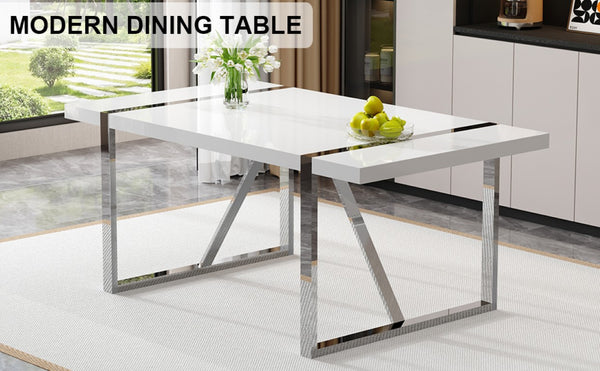 English Elm Industrial Rectangular Dining Table Thick MDF Tabletop Silver Metal Legs Kitchen W2827P421310