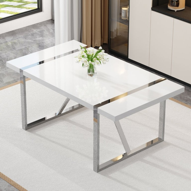 English Elm Industrial Rectangular Dining Table Thick MDF Tabletop Silver Metal Legs Kitchen W2827P421310