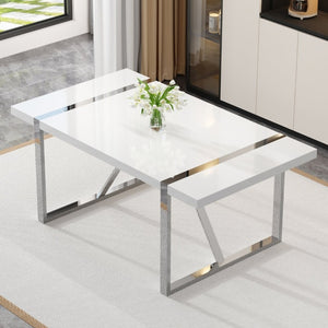 English Elm Industrial Rectangular Dining Table Thick MDF Tabletop Silver Metal Legs Kitchen W2827P421310