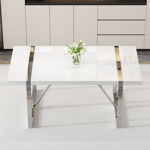 English Elm Industrial Rectangular Dining Table Thick MDF Tabletop Silver Metal Legs Kitchen W2827P421310