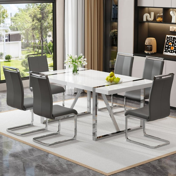 English Elm Industrial Rectangular Dining Table Thick MDF Tabletop Silver Metal Legs Kitchen W2827P421310