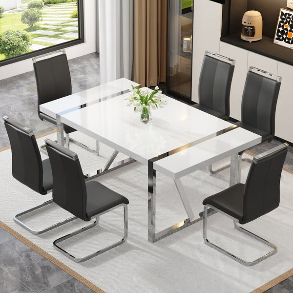 English Elm Industrial Rectangular Dining Table Thick MDF Tabletop Silver Metal Legs Kitchen W2827P421310
