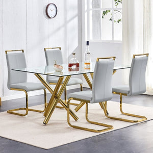 English Elm Dining Chair Set of 4 High Back Faux Leather Seats with Gold Tone Metal Legs Glam Style W2827P427961
