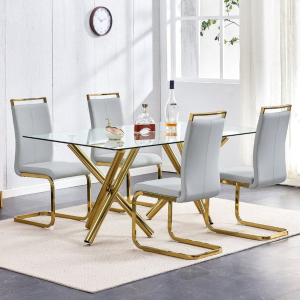 English Elm Dining Chair Set of 4 High Back Faux Leather Seats with Gold Tone Metal Legs Glam Style W2827P427961