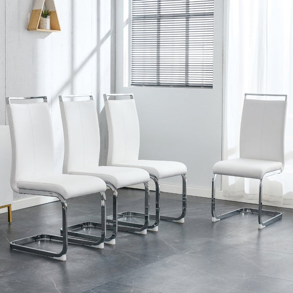 English Elm Modern High Back Faux Leather Dining Chairs Set of 4 with Chrome C Tube Legs White PU Leather W2827P427963