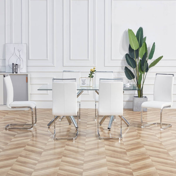 English Elm Modern High Back Faux Leather Dining Chairs Set of 4 with Chrome C Tube Legs White PU Leather W2827P427963