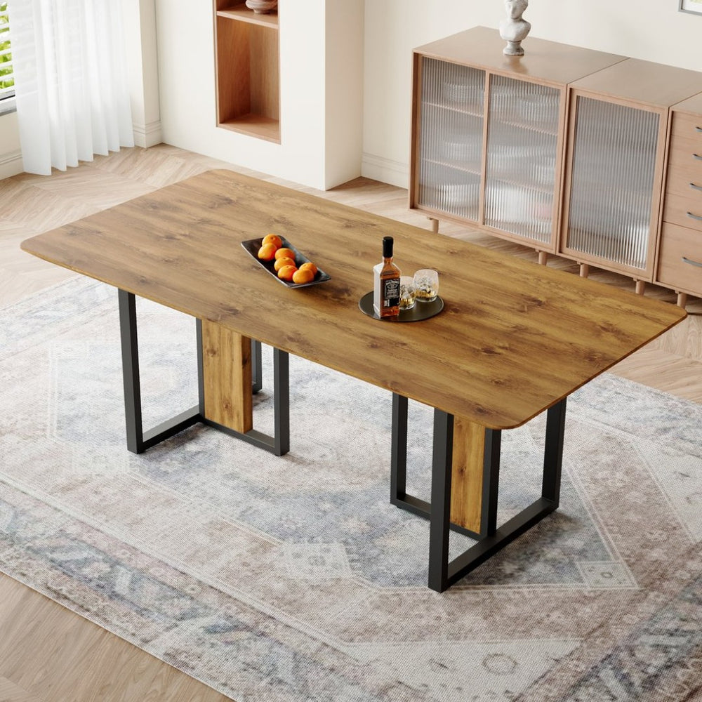 English Elm Modern Industrial Dining Table with Wood Grain Top and Black Metal Frame Seats Six W2827S00015