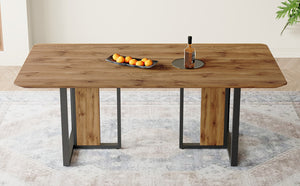 English Elm Modern Industrial Dining Table with Wood Grain Top and Black Metal Frame Seats Six W2827S00015