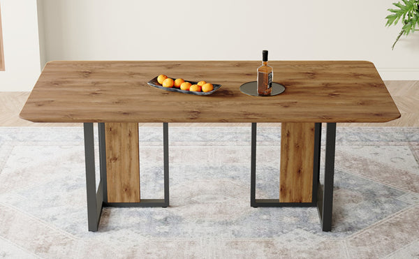English Elm Modern Industrial Dining Table with Wood Grain Top and Black Metal Frame Seats Six W2827S00015