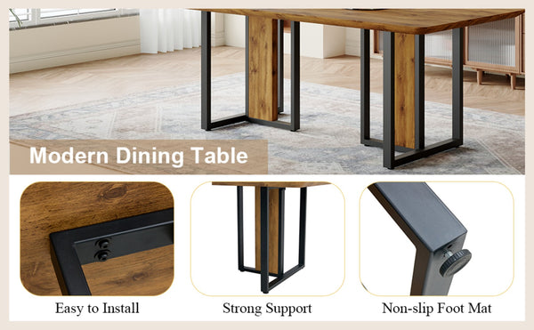 English Elm Modern Industrial Dining Table with Wood Grain Top and Black Metal Frame Seats Six W2827S00015