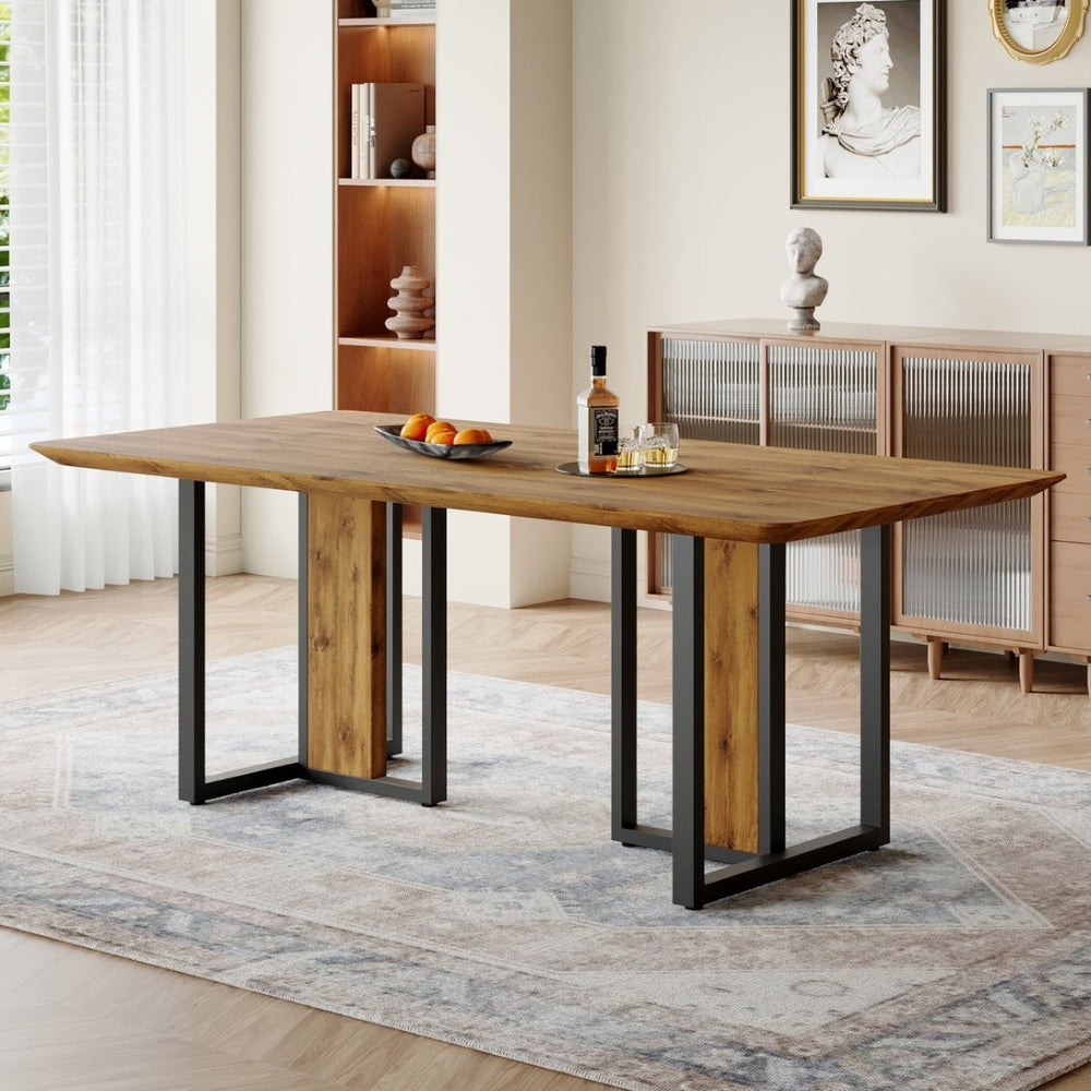 English Elm Modern Industrial Dining Table with Wood Grain Top and Black Metal Frame Seats Six W2827S00015
