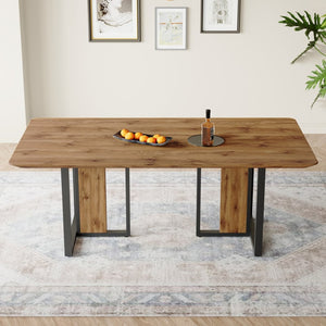 English Elm Modern Industrial Dining Table with Wood Grain Top and Black Metal Frame Seats Six W2827S00015