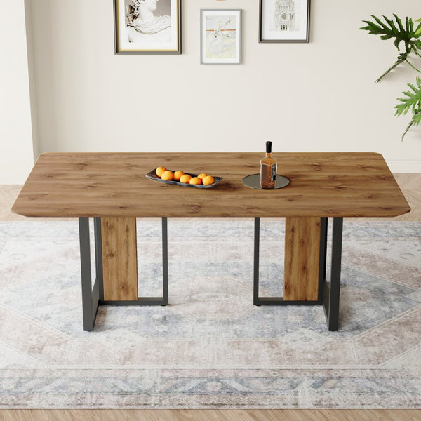 English Elm Modern Industrial Dining Table with Wood Grain Top and Black Metal Frame Seats Six W2827S00015