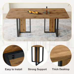 English Elm Modern Industrial Dining Table with Wood Grain Top and Black Metal Frame Seats Six W2827S00015