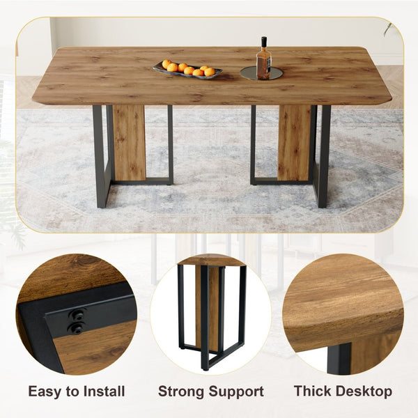 English Elm Modern Industrial Dining Table with Wood Grain Top and Black Metal Frame Seats Six W2827S00015
