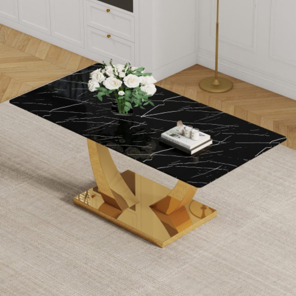 English Elm Modern Rectangular Dining Table Seats Eight with Graphic Top and Polished Gold Legs W2827S00033