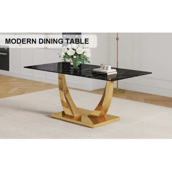 English Elm Modern Rectangular Dining Table Seats Eight with Graphic Top and Polished Gold Legs W2827S00033