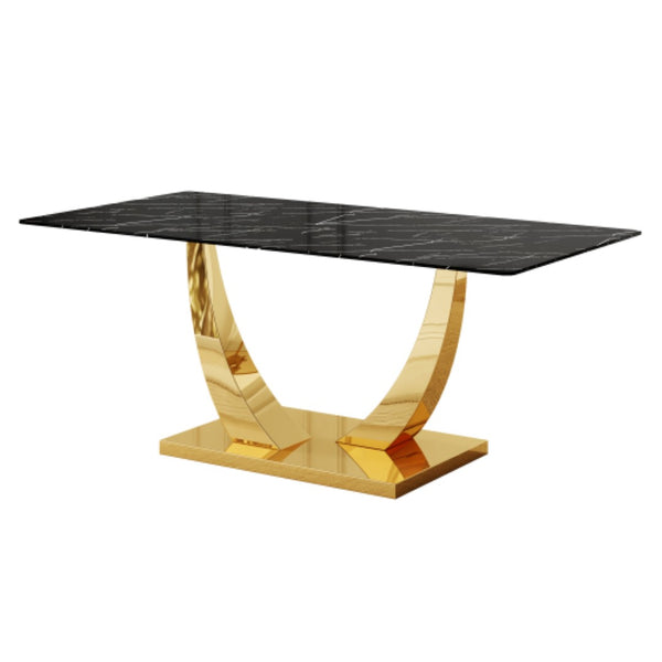 English Elm Modern Rectangular Dining Table Seats Eight with Graphic Top and Polished Gold Legs W2827S00033