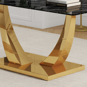English Elm Modern Rectangular Dining Table Seats Eight with Graphic Top and Polished Gold Legs W2827S00033