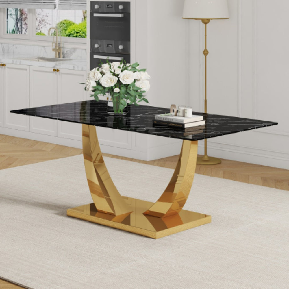 English Elm Modern Rectangular Dining Table Seats Eight with Graphic Top and Polished Gold Legs W2827S00033