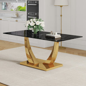 English Elm Modern Rectangular Dining Table Seats Eight with Graphic Top and Polished Gold Legs W2827S00033