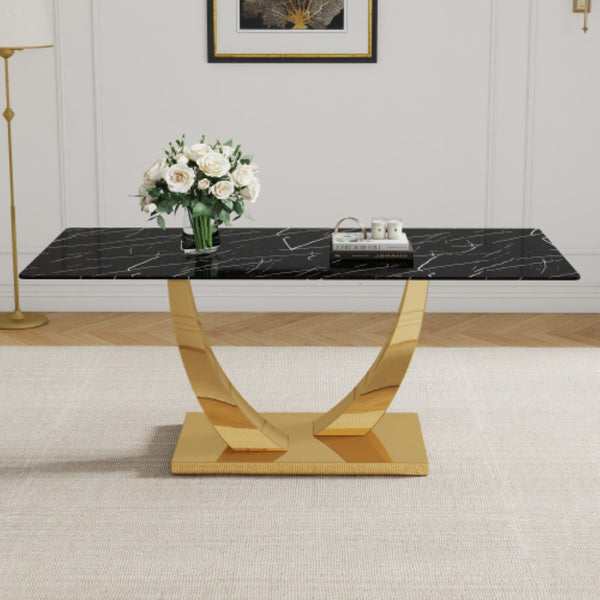 English Elm Modern Rectangular Dining Table Seats Eight with Graphic Top and Polished Gold Legs W2827S00033