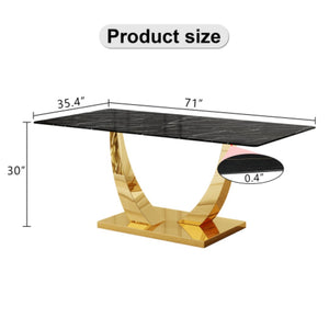 English Elm Modern Rectangular Dining Table Seats Eight with Graphic Top and Polished Gold Legs W2827S00033