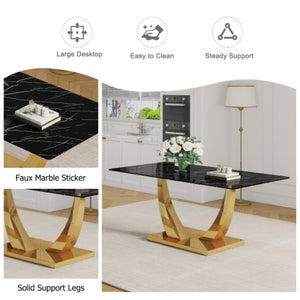 English Elm Modern Rectangular Dining Table Seats Eight with Graphic Top and Polished Gold Legs W2827S00033