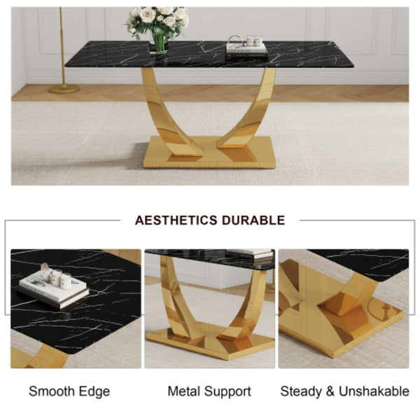 English Elm Modern Rectangular Dining Table Seats Eight with Graphic Top and Polished Gold Legs W2827S00033