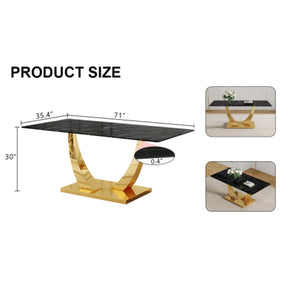 English Elm Modern Rectangular Dining Table Seats Eight with Graphic Top and Polished Gold Legs W2827S00033