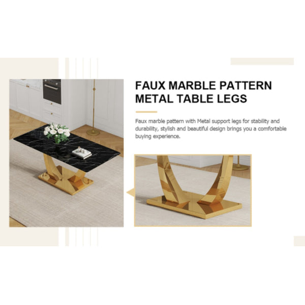 English Elm Modern Rectangular Dining Table Seats Eight with Graphic Top and Polished Gold Legs W2827S00033