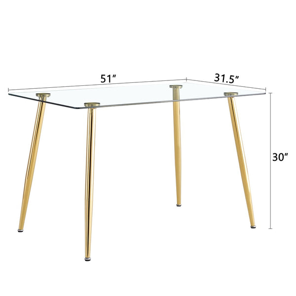 English Elm Modern Tempered Glass Rectangular Dining Table with Gold Metal Legs Seats Six W2827S00034