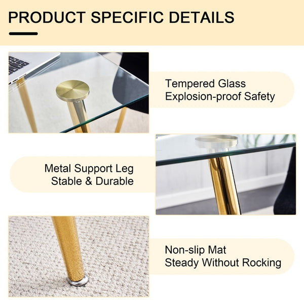 English Elm Modern Tempered Glass Rectangular Dining Table with Gold Metal Legs Seats Six W2827S00034