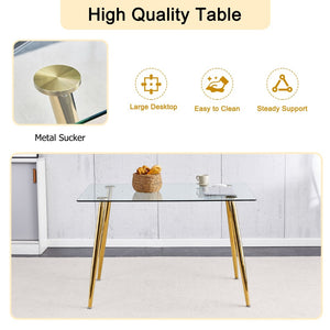English Elm Modern Tempered Glass Rectangular Dining Table with Gold Metal Legs Seats Six W2827S00034